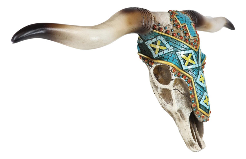 21" Rustic Southwest Steer Bull Cow Skull With Turquoise Cross Wall Decor Plaque