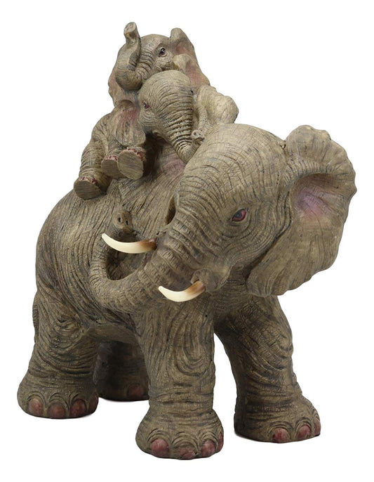 Ebros Wildlife Elephant Father and 2 Calves On Piggyback Playing Statue 10.5" Tall Resin Safari Elephants Family Figurine Sculpture Decor Gifts