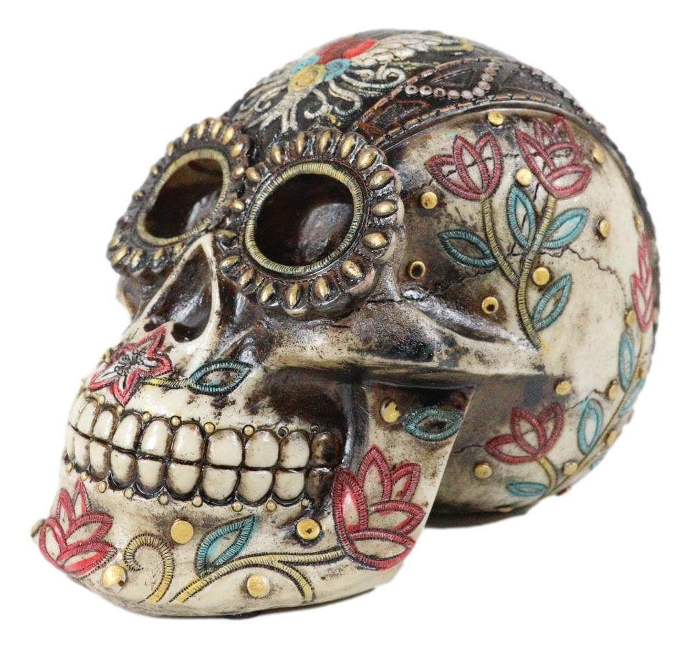 Day Of The Dead Floral Vines Embroidery Angel Wings Heart Motif Skull Figurine