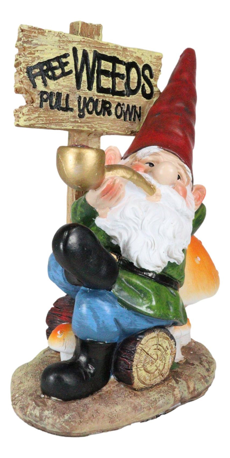 Mr Gnome Grandpa Smoking Pipe By Toadstool Mushrooms And Free Weeds Sign Statue