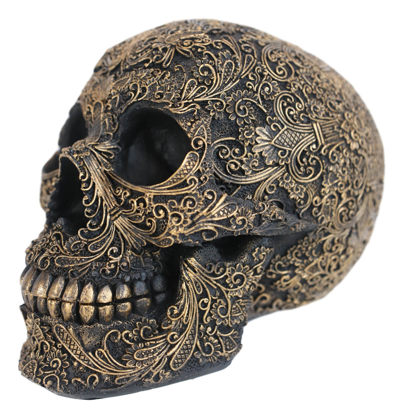 Ornate Tooled Floral Lace Fleur De Lis Royalty Cross Skull Decorative Figurine