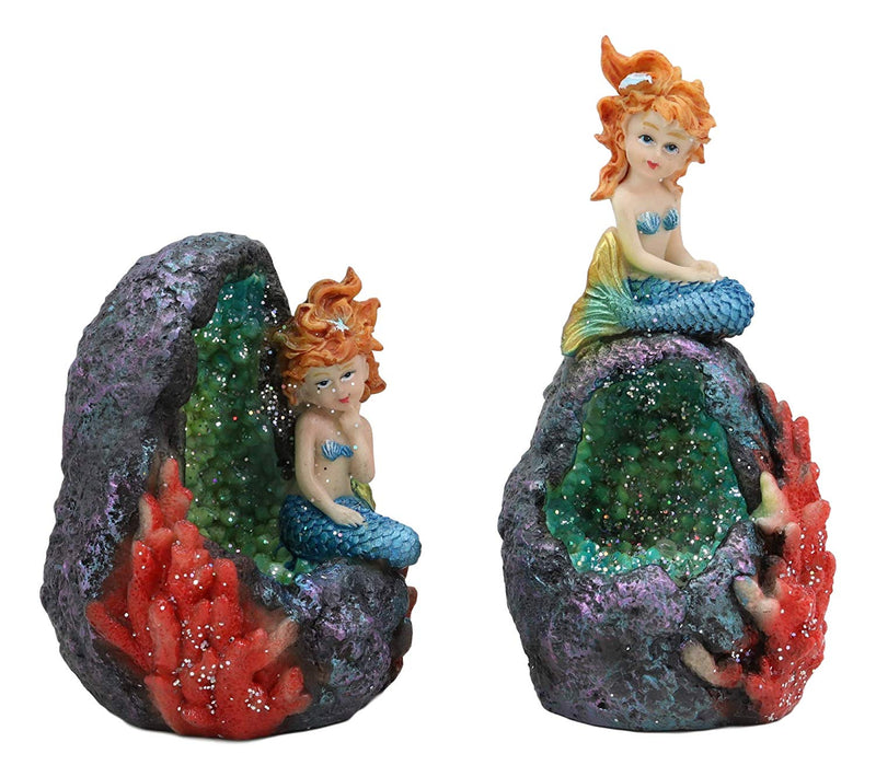 Ebros Nautical Blue Tail Mermaids With LED Light Geode Crystal Cave Figurines Set Of 2