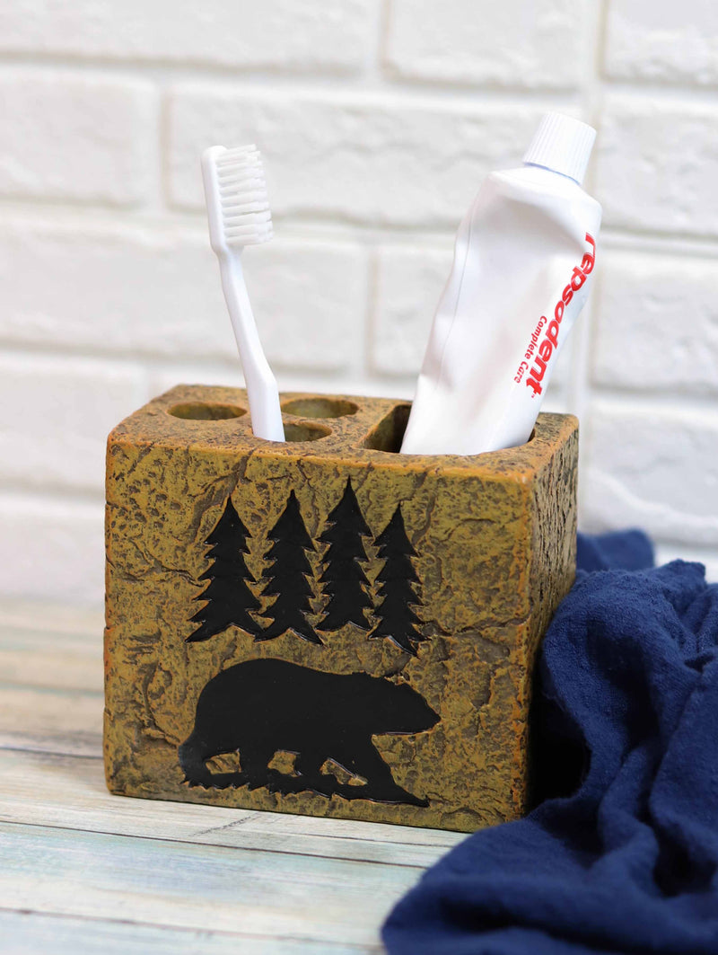 Rustic Western Black Bear By Pine Trees Silhouette Toothbrush Toothpaste Holder