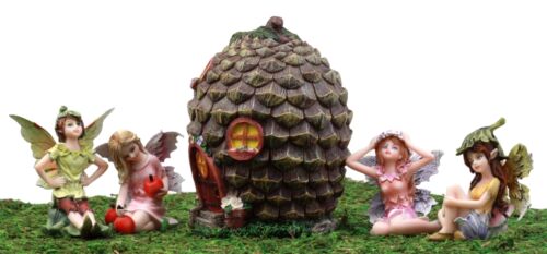 Fairy Garden Miniatures Starter Kit Pine Cone Cottage With 4 Fairy Figurines Set - Ebros Gift