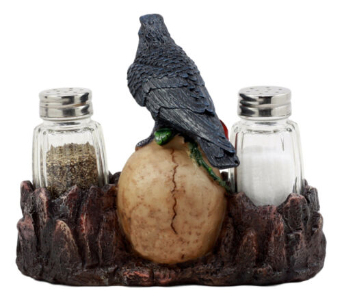 Ebros Day Of The Dead Raven Crow With Rose Skull Salt & Pepper Shakers Holder Figurine Set 6.5"L