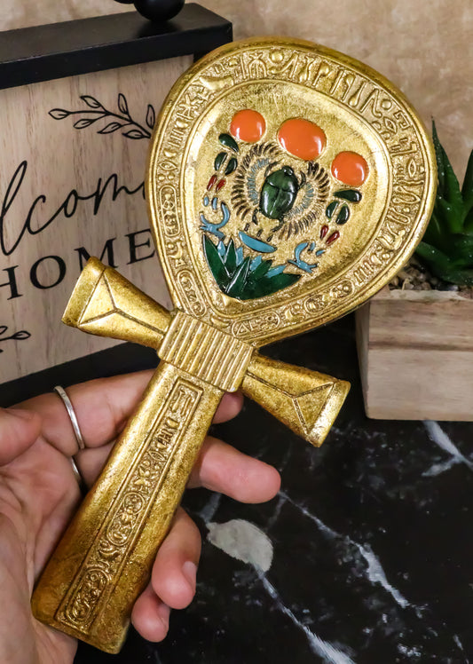Ebros Egyptian Gods Winged Scarab Dual Cobra Uraeus Ankh Shaped Hand Mirror