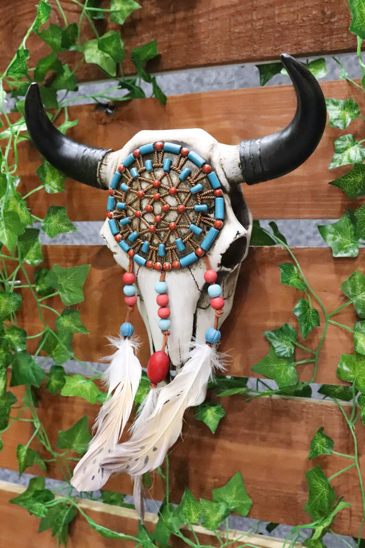 Large Western Native American Turquoise And Red Web Dreamcatcher Bison Cow Skull