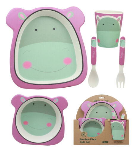 Ebros Hippo 5 Piece Organic Bamboo Dinnerware Set For Kids Children Toddler Baby - Ebros Gift