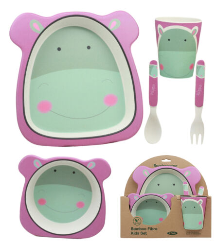 Ebros Hippo 5 Piece Organic Bamboo Dinnerware Set For Kids Children Toddler Baby