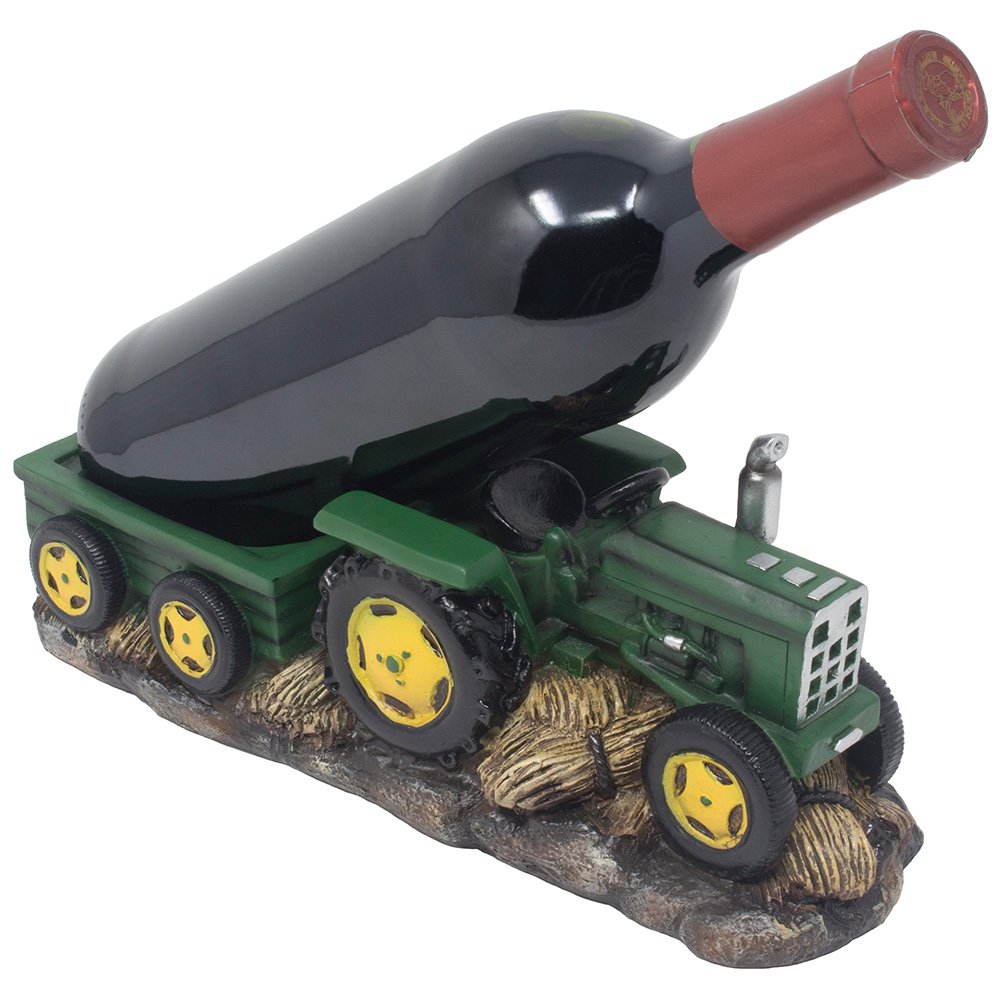 Vintage Old Fashioned Green Harvest Farm Tractor With Trailer Wine Holder 11"L