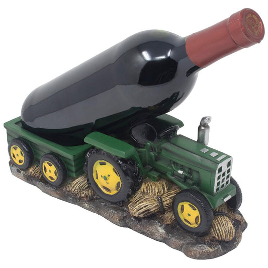 Vintage Old Fashioned Green Harvest Farm Tractor With Trailer Wine Holder 11"L