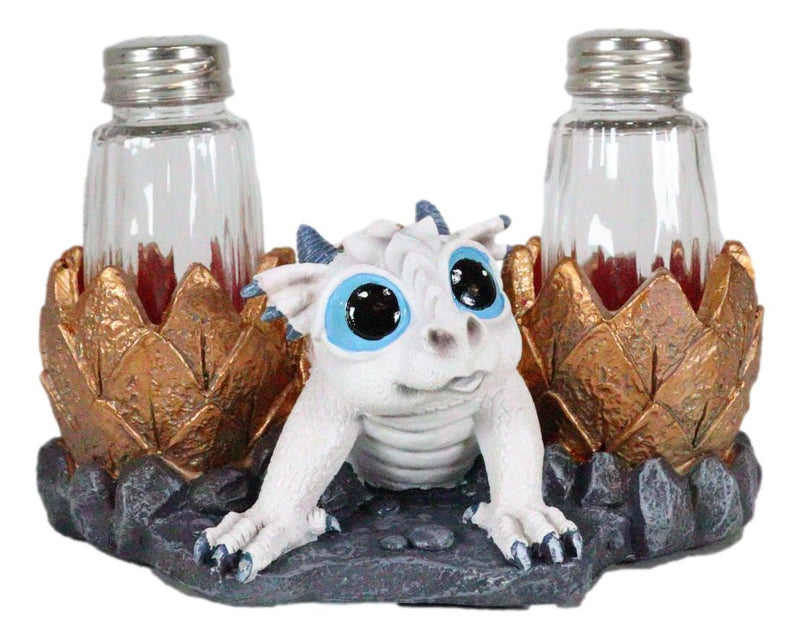 Frozen White Dragon Hatchling In Golden Egg Salt And Pepper Shakers Set Holder