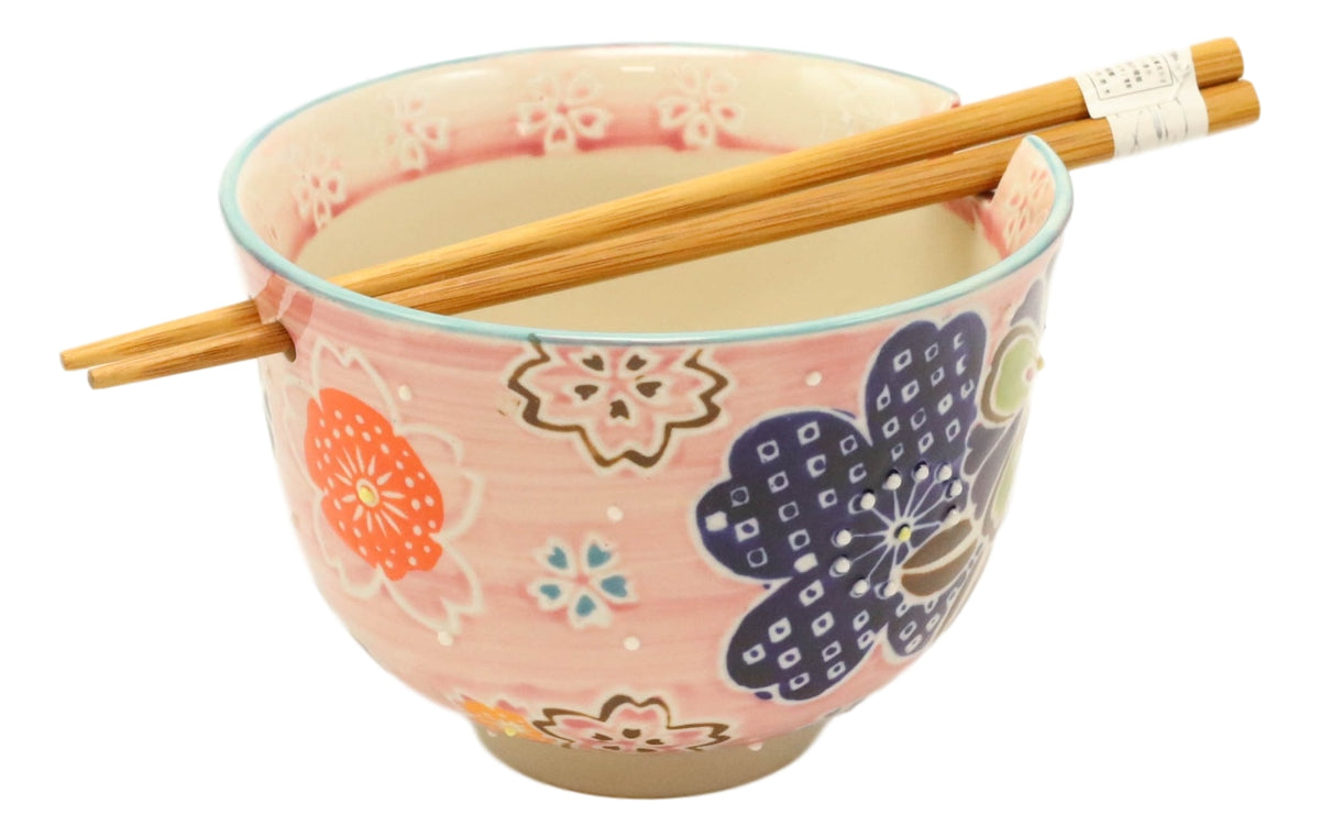 Pink Spring Floral Blossoms Ramen Noodles Soup Bowl With Bamboo Chopsticks Set - Ebros Gift
