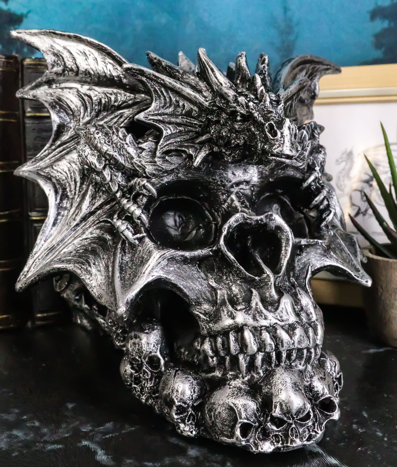 Large Dragon On Ossuary Morphing Skull with Celtic Tribal Patterns Figurine