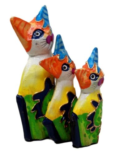 Ebros Balinese Wood Handicrafts Bright Colors Cat Family Set of 3 Figurines - Ebros Gift