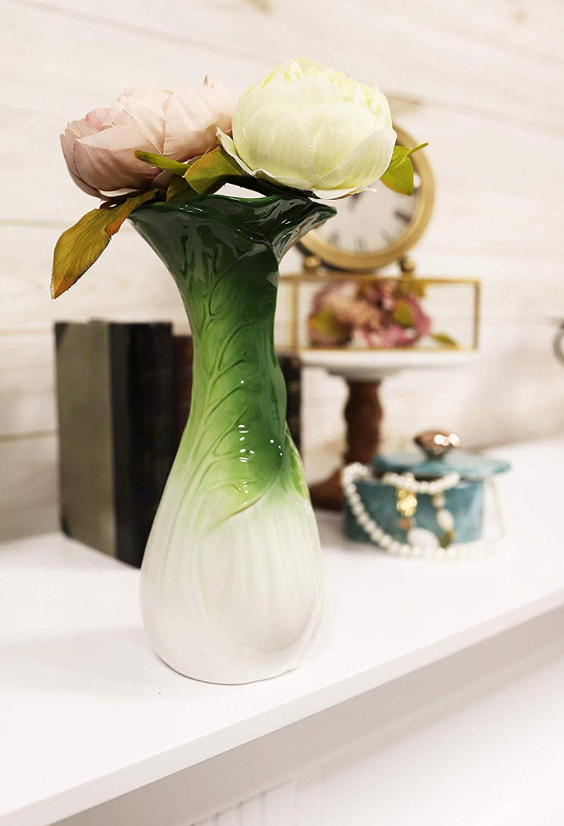 Ebros 10.5" Tall Ceramic Hearty Green Chinese Bok Choy Cabbage Shape Flower Vase - Ebros Gift