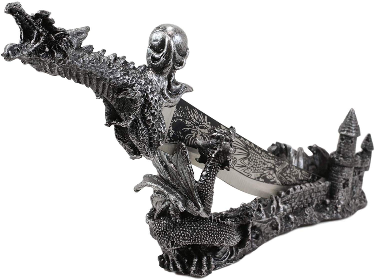 Ebros Gift Obsidian Athame Dragon Blade Letter Opener with Castle Base Stand Set