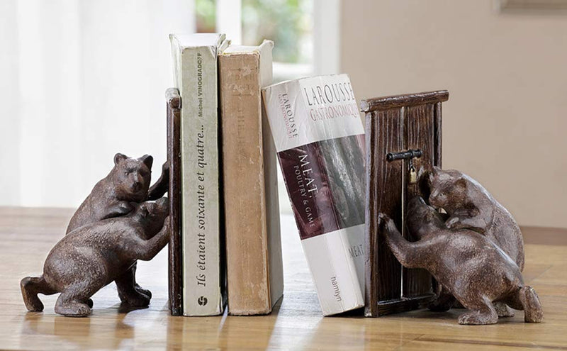 Rustic Forest Teamwork Bears Pushing Barn Doors Bookend Figurines Pair Set Decor