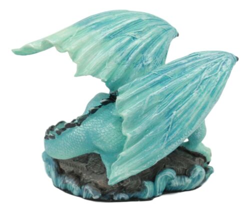 Ebros Small Aqua Blue Whimsical Dragon On Ocean Rock Statue 3.75"Long Fantasy
