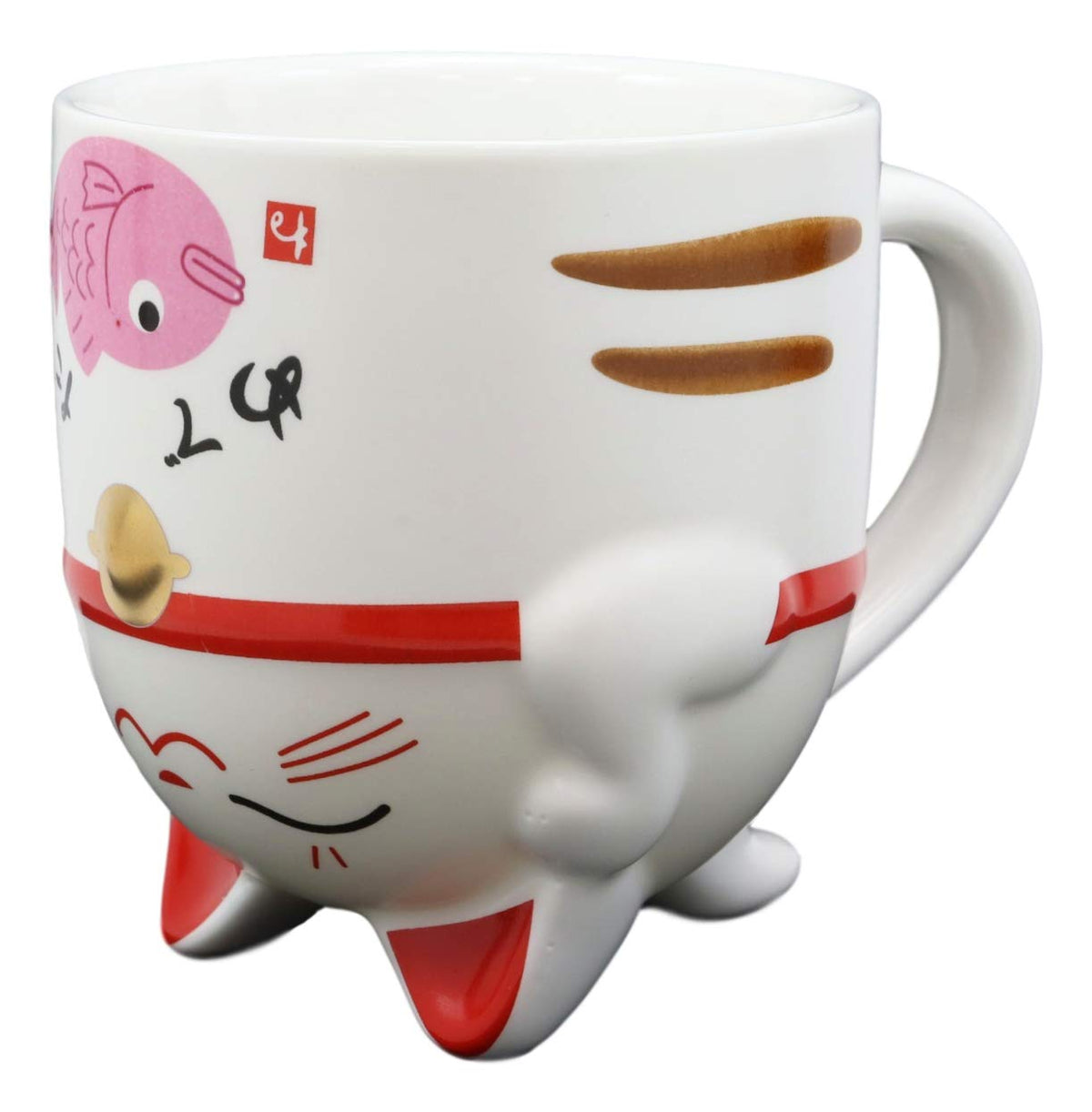 Topsy Turvy Lucky Cat Maneki Neko With Pink Fish Belly Ceramic Coffee Mug