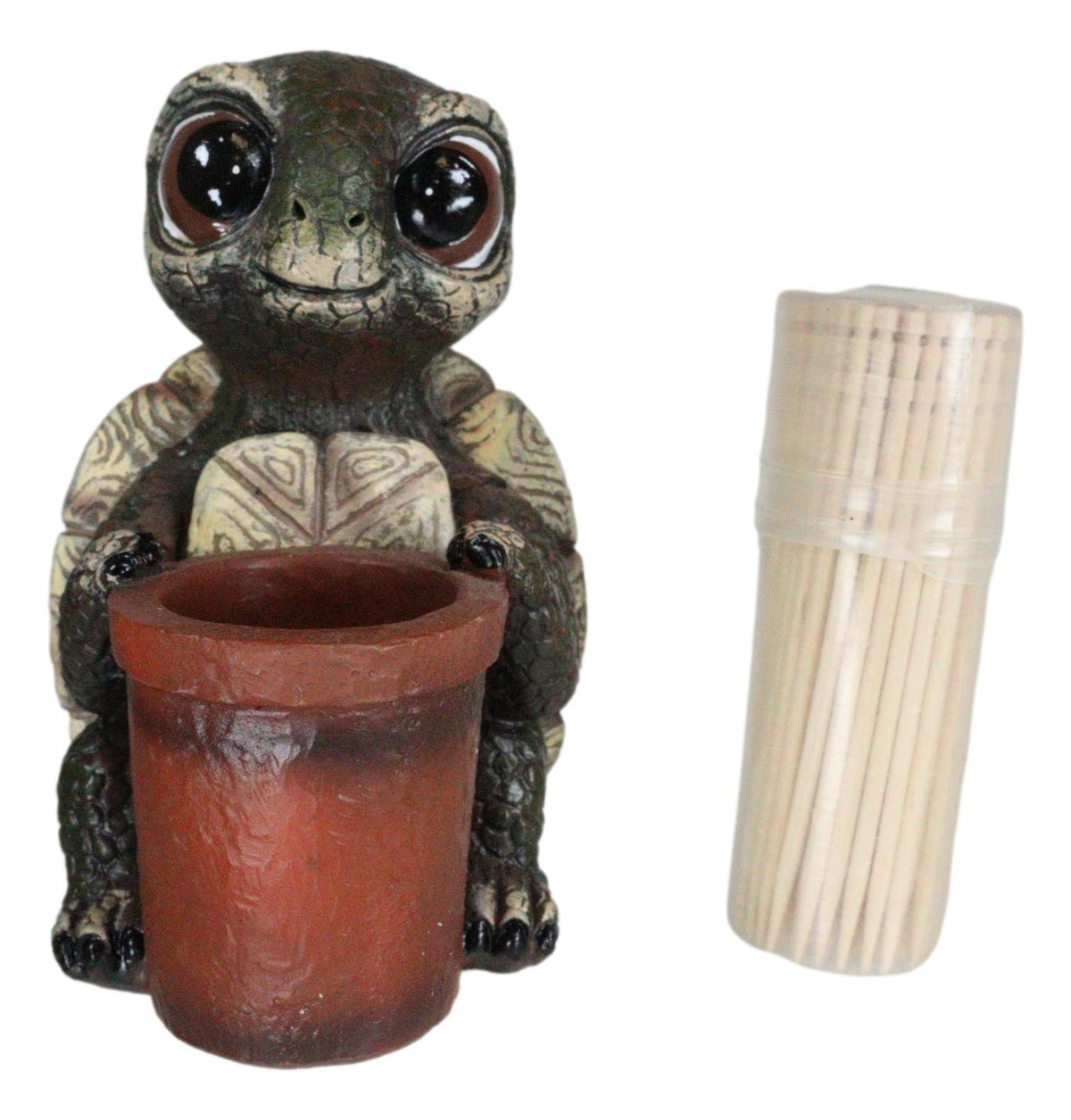 River Baby Tortoise Holding A Bucket Toothpick Holder Figurine With Toothpicks