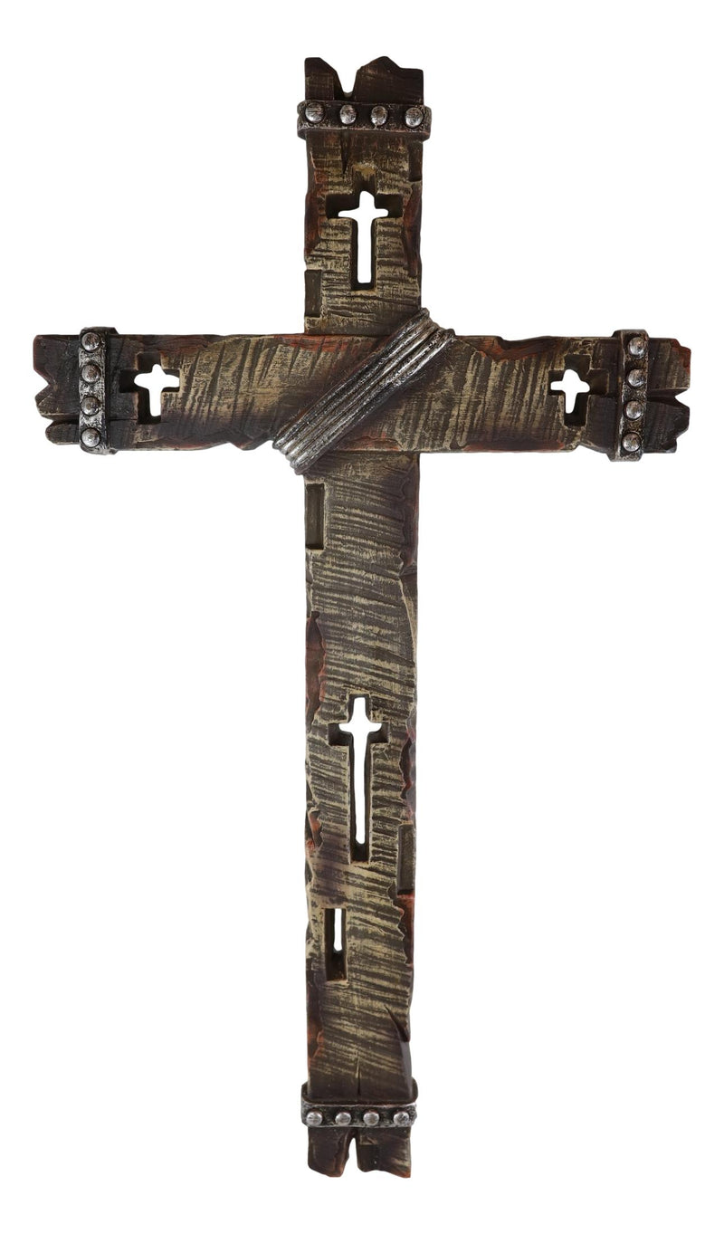 20"H Rustic Western Faux Wood Look Wall Cross Plaque With Crucifix Cutout Holes