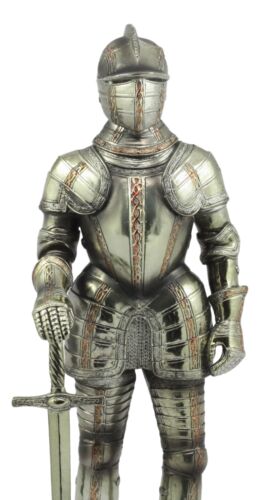 Large 12.5"H Medieval Suit of Armor Swordsman Knight Standing Guard Statue Decor