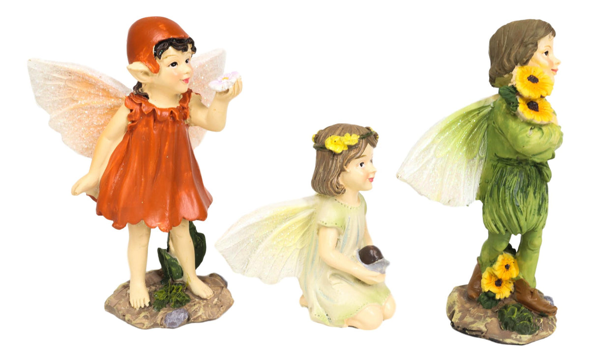 Colorful Gardening Sunflower Girl Fairies Set of 3 Fairy Garden Mini Figurines - Ebros Gift