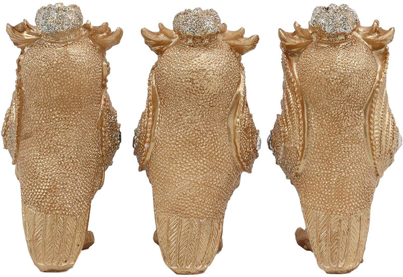 Ebros Golden See Hear Speak No Evil 3 Wise Owls with Royal Crowns and Crystals Figurine Decor Set Wisdom of The Woods Wise Great Horned Owls Collectible Statues