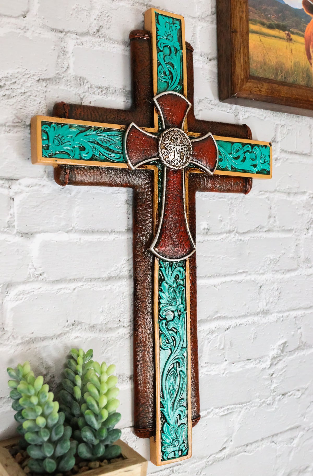 Rustic Western Ornate Concho Turquoise Scroll Layered Faux Leather Wall Cross