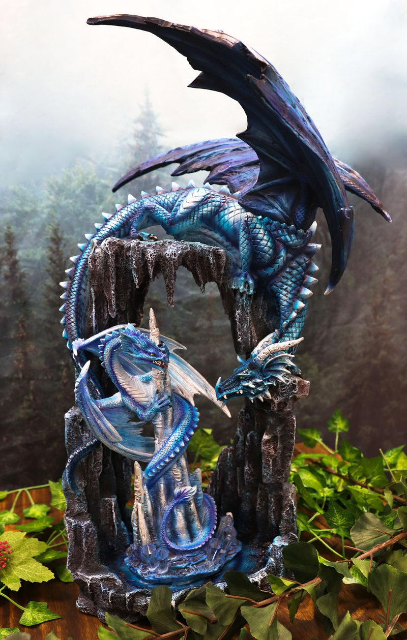 Ebros 20"H Blue Frozen Dragon On Cavern With Wyrmling By Ice Stalagmite Statue