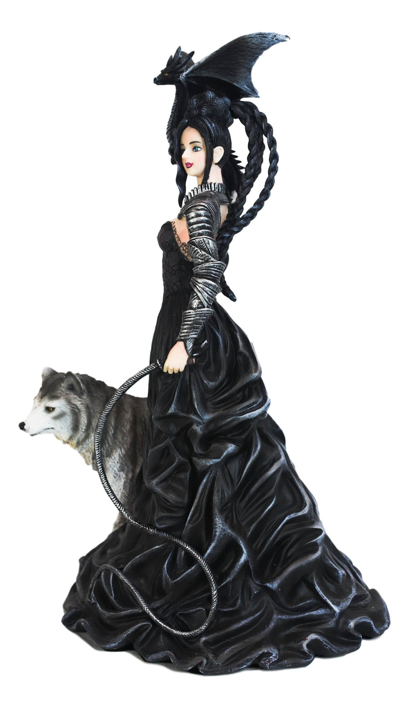 Gothic Maestra Maleficent Witch Fairy With Alpha Wolf and Black Dragon Statue