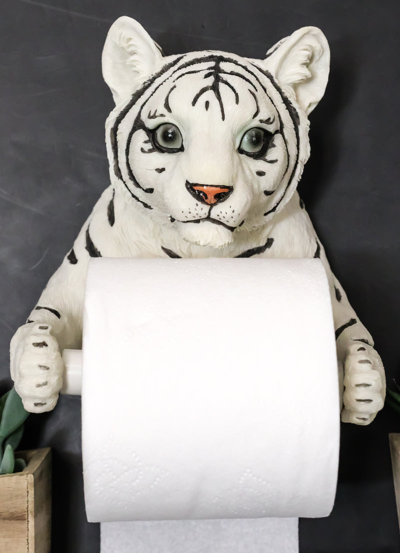 Jungle White Siberian Bengal Tiger Baby Cub Toilet Paper Holder Figurine 8.25"H