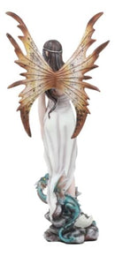 Celestial Goddess White Fairy With Blue Baby Dragon Hatchlings Statue 12.25"H