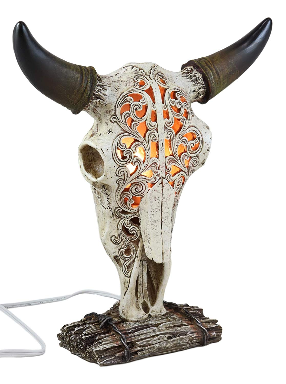 Ebros 12.5" Tall Southwest Aged Bone Tooled Filigree Lace Design Steer Bison Buffalo Bull Cow Horned Skull Head Night Light Lamp Centerpiece Side Table Decor Statue Skulls Western Accent Lighting - Ebros Gift