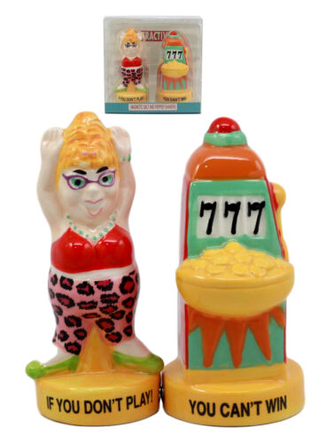 Casino Jackpot Lucky Winner Lady With Slot Machine Salt & Pepper Shakers Set