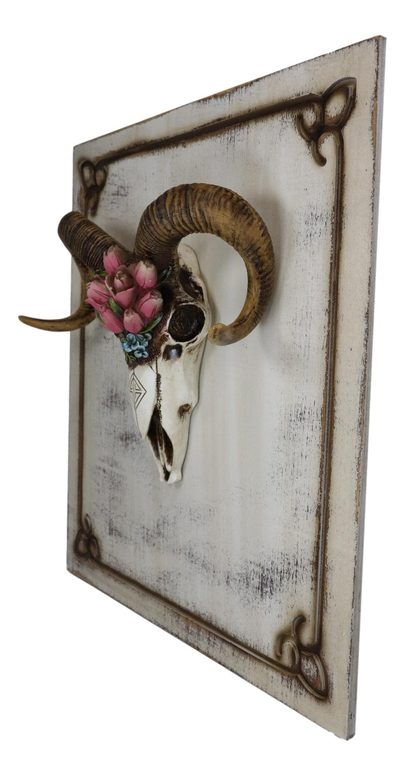 Rustic Western Corsican Ram Skull With Red Tulips Wooden Wall Decor Plaque