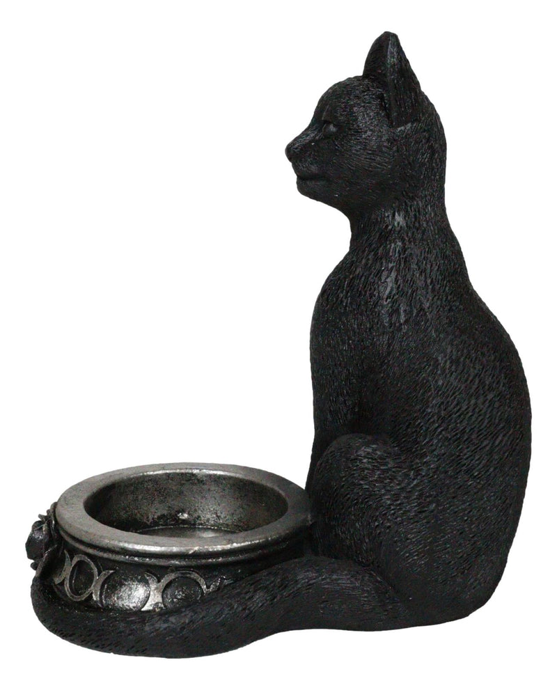 Wicca Gothic Black Cat With Triple Moon Rose Tea Light Votive Candle Holder