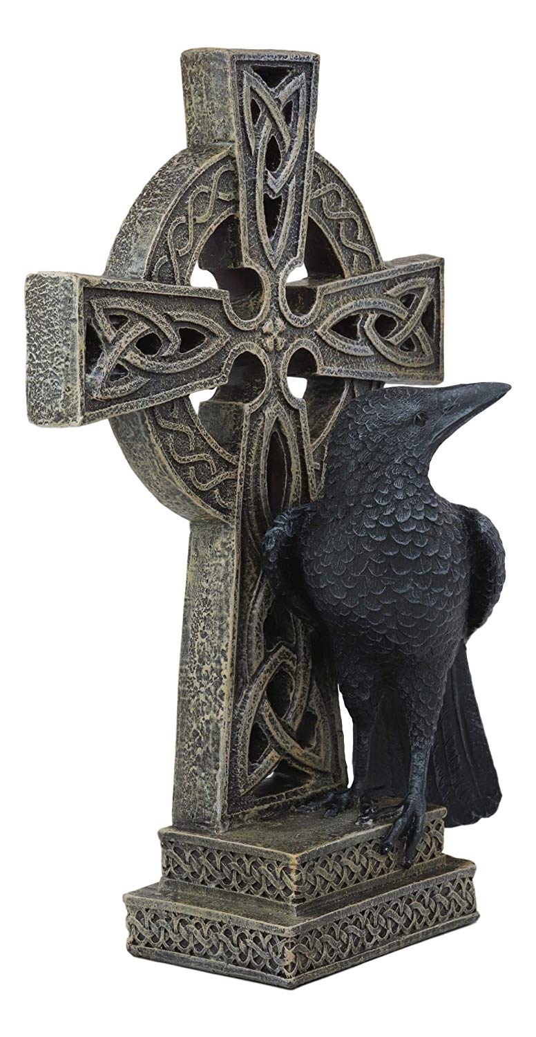 Gothic Raven Crow Perching On Celtic Cross Tomb Statue Harbinger Of Doom Decor