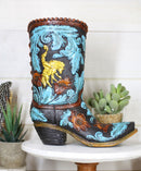 Turquoise Floral Scroll Lace W/ Rearing Horse Cowboy Boot Vase Planter Figurine