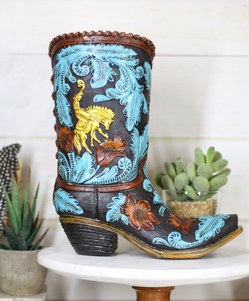 Turquoise Floral Scroll Lace W/ Rearing Horse Cowboy Boot Vase Planter Figurine