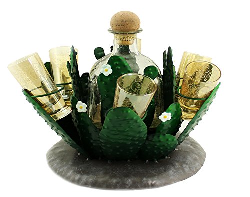 Ebros Gift Cactus Whisky Liquor Hand Made Metal Bottle And Shot Glass Holder Figurine 8.25"H