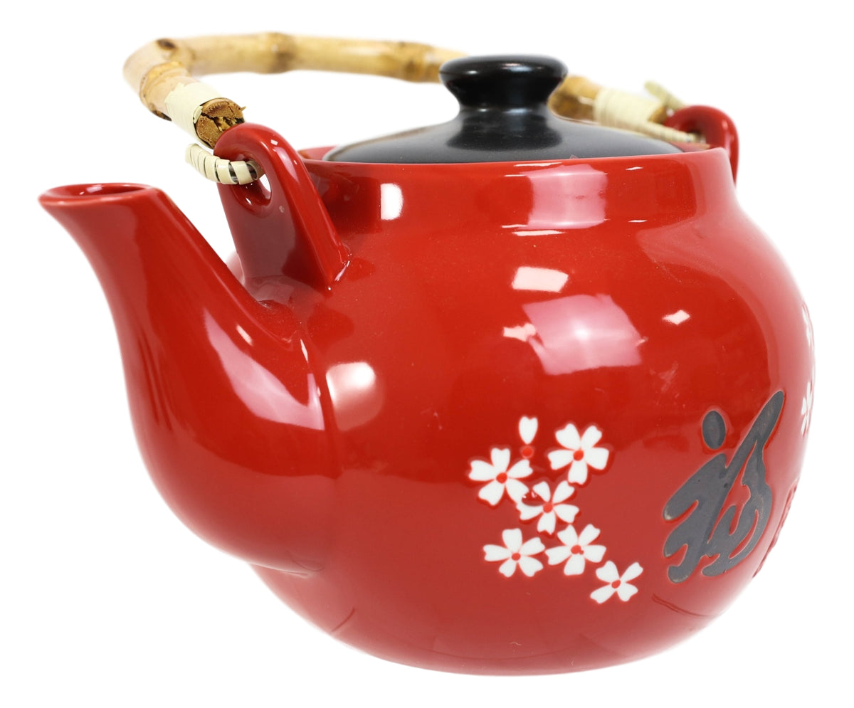 Sakura White Japanese Cherry Blossoms Porcelain Red Tea Pot 42oz And 4 Cups Set - Ebros Gift