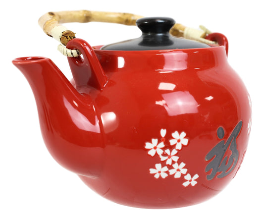 Sakura White Japanese Cherry Blossoms Porcelain Red Tea Pot 42oz And 4 Cups Set - Ebros Gift