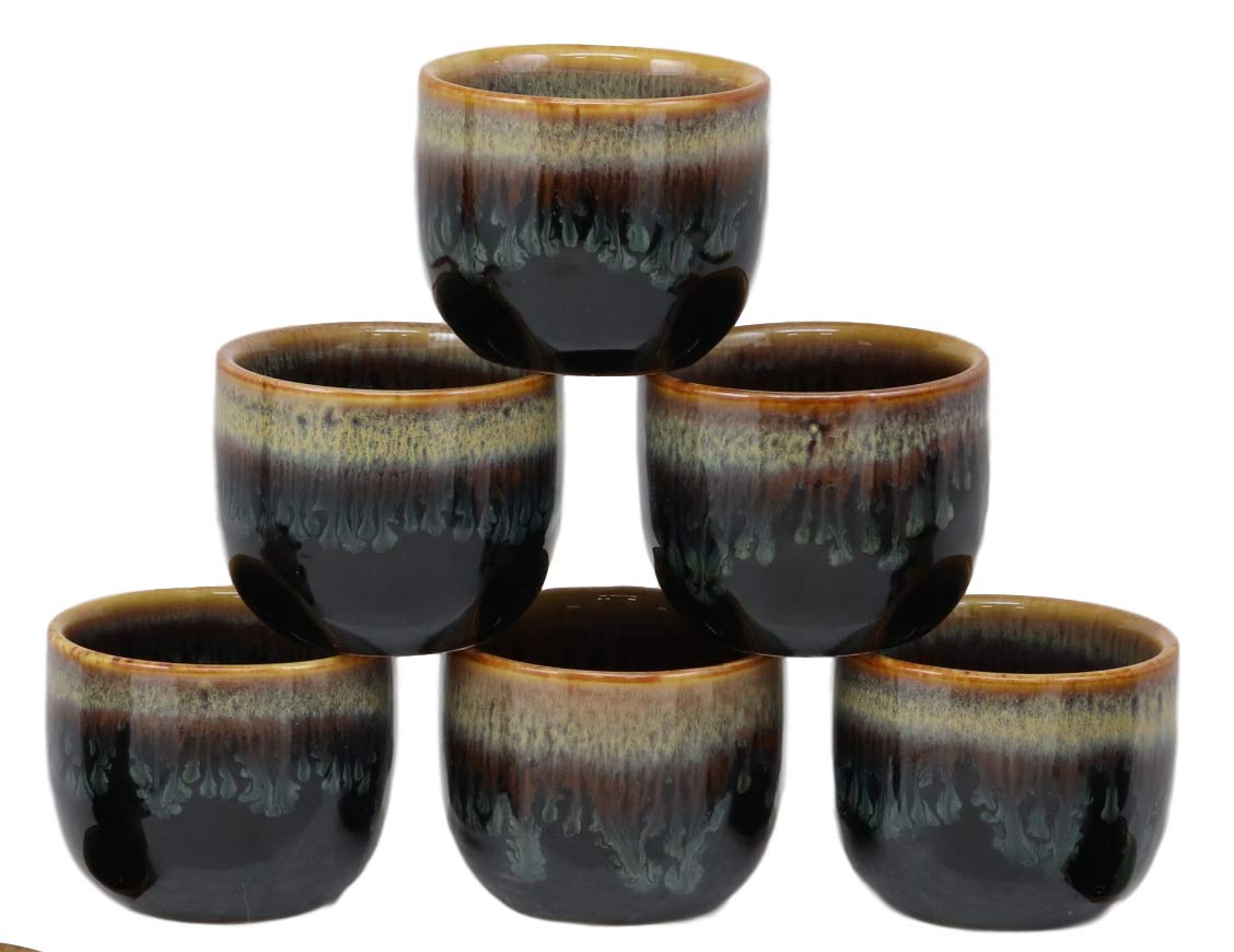 Glazed Ceramic Brown And White Japanese Wine Ochoko Sake Cup Pack of 6 Cups - Ebros Gift