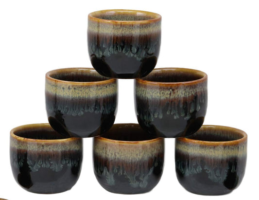 Glazed Ceramic Brown And White Japanese Wine Ochoko Sake Cup Pack of 6 Cups - Ebros Gift