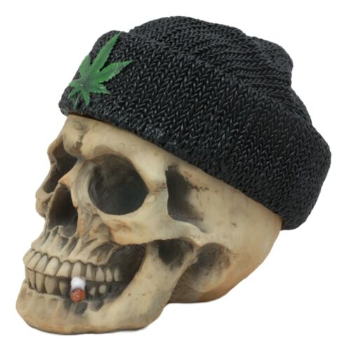 Ebros Smoking Human Skull with Leaf Beanie Hat Ashtray Jewelry Box 6.5" Long