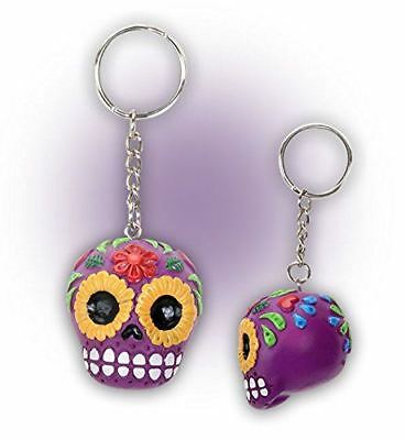 Ebros Gift Purple Sugar Skull Key Chain Set of 12 Pcs Day of The Dead
