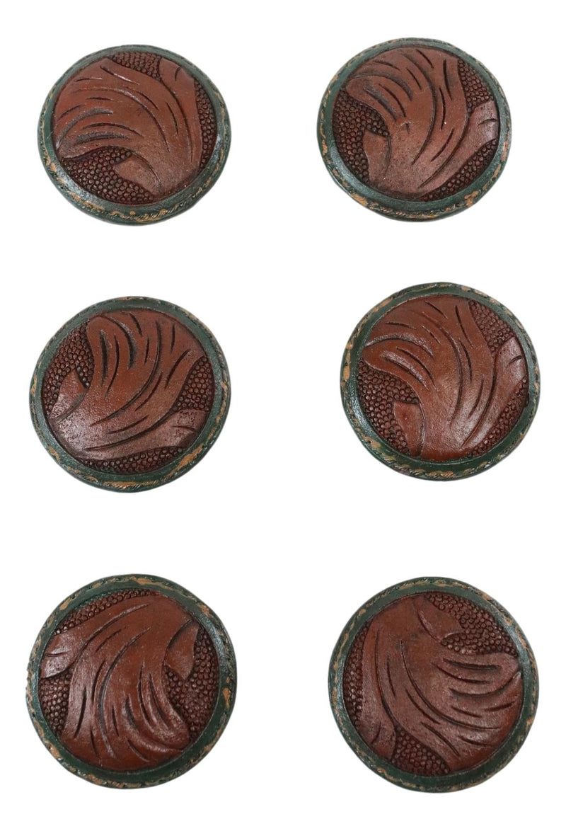 Set Of 6 Western Rustic Faux Tooled Leather Green Borders Cabinet Door Knobs