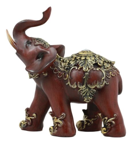 Faux Wood Decorated Thai Buddhism Noble Elephant With Trunk Up Statue 6.25"L